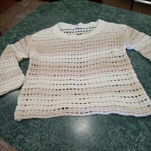 Gap Chunky Open Knit Sweater 100% Cotton Beachy Tan Pink White Crochet Layering